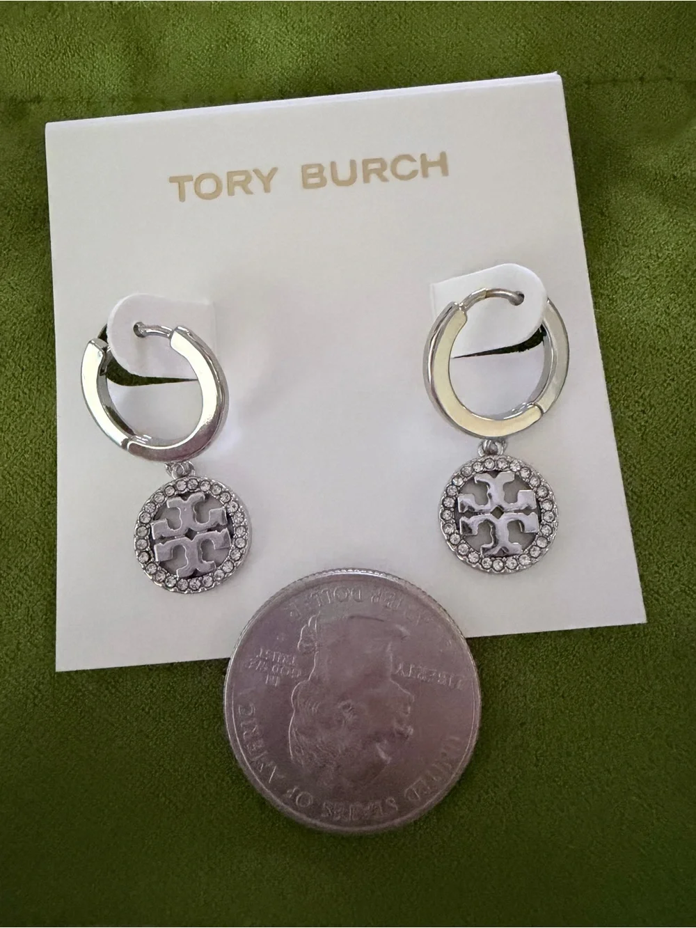 Tory Burch Silver Tone Crystal Paved Dangling Huggies Earrings